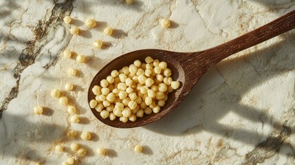 Wooden spoon holding small, light-yellow couscous
