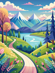 Obraz premium Picturesque Spring Landscape. Serene Lake. Majestic Mountains. and Winding Road