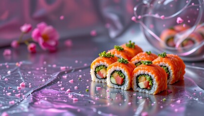 Vibrant Sushi Rolls with Salmon and Fresh Vegetables on Silver Surface