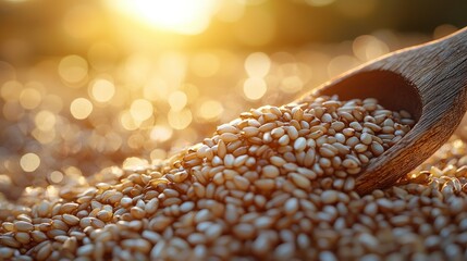 Wooden spoon spills sesame seeds, golden light