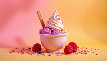 Delicious Ice Cream Cup with Raspberry and Sprinkles on Vibrant Background