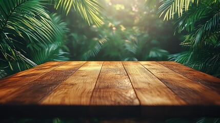 Wooden table amidst lush jungle foliage