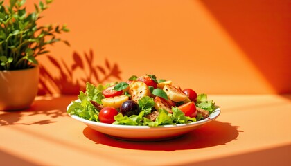 Fresh Colorful Salad with Tomatoes, Lettuce, and Herbs on Table
