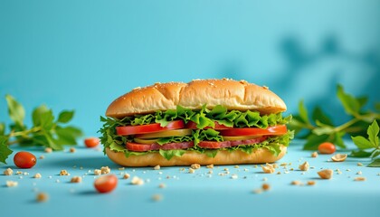 Fresh and Colorful Submarine Sandwich with Vegetables on Blue Background