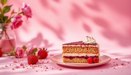 Delicious Strawberry Cream Cake with Fresh Berries on Pink Background
