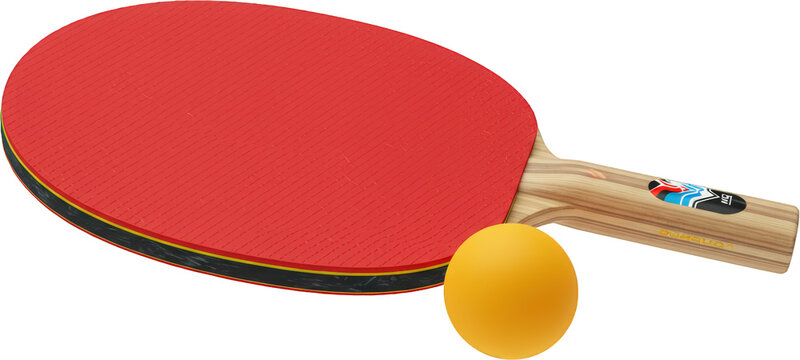 Red Ping Pong Paddle and Yellow Ball Close Up Studio Shot for Sports Equipment Advertising
