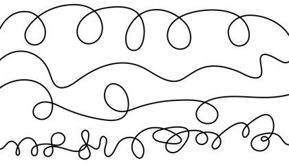 Set of hand drawn single line. curve doodle line. spiral line. black wire cable of usb and adapter. wave curly vector lines