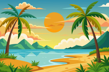 Obraz premium Stunning Tropical Sunset Beach Landscape. Palm Trees. Ocean. and Sandy Shores