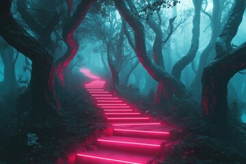 A surreal forest scene where misty depths are illuminated by neon stairs glowing beneath ancient, twisted trees.