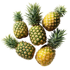 Fototapeta premium Fresh whole pineapples clustered together, showcasing their vibrant green and yellow hues, with textured skin and leafy tops, evoke tropical and refreshing feel