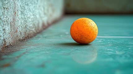Worn orange ball on teal floor