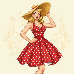 Woman in Red Polka Dot Dress Wearing Hat Winking Illustration