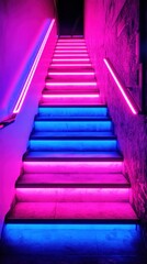 A surreal neon-lit staircase infused with electric pink and blue hues, glowing vibrantly in the dark. The colors seamlessly blend, creating a dreamlike ambiance.