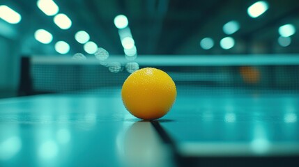 Yellow ping pong ball on teal table