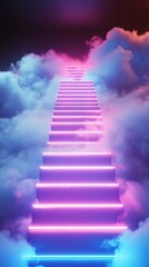 A surreal stairway glowing with vibrant neon lights, fading into the misty clouds, bathed in soft, dreamy hues.