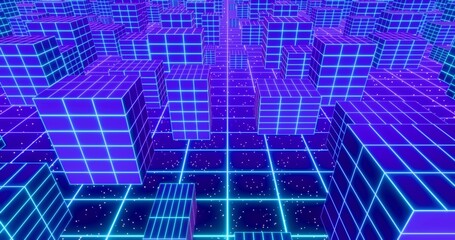 Futuristic glowing neon wireframe background. Shining grid planes and buildings in perspective. Bright retro digital horizon against starry sky. 3D rendering.