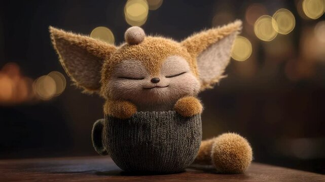 Adorable Fennec Fox Plush Toy Snuggling in a Cozy Mug
