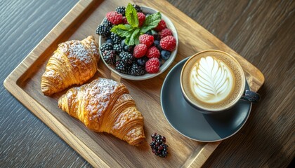 A top-down view of a delicious breakfast spread featuring fresh croissants, berries, and a frothy cappuccino on a wooden tray.