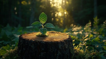 Young sprout on forest stump, sunlight (1)