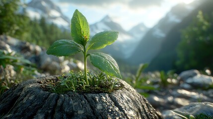 Young sprout on a rock, mountain backdrop