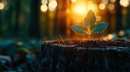 Young sprout on stump, golden light