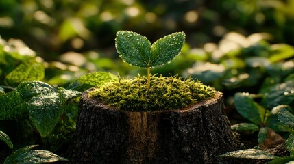 Young sprout on mossy tree stump, dewy leaves