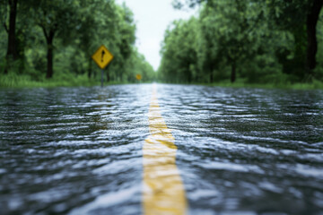Fototapeta premium Flooded Road in a Forest - Rainy Day Scene