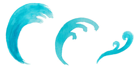 透明水彩で描いた和風のイラスト素材セット　水　波　筆　にじみ