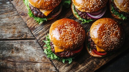 A top-down view of perfectly cooked gourmet beef burgers with crispy buns and flavorful toppings, displayed on a rustic wooden surface.