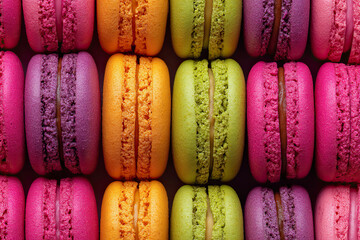Colorful assorted macarons arranged in rows, close-up.