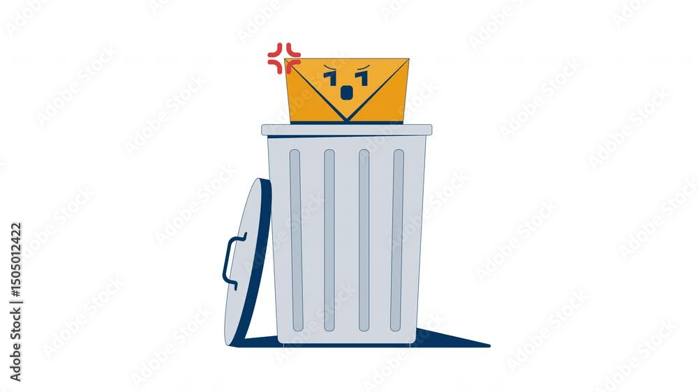 Poster deleting suspicious unwanted email 2d animation. spam e-mail envelope being thrown into trash bin. j
