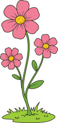 Obraz premium Cartoon Pink Flowers on Green Grass Patch – Cute Floral Illustration for Spring and Nature Themes