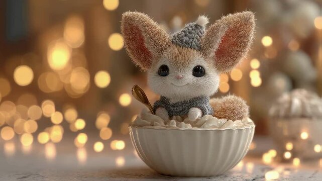 Adorable Fennec Fox in Cozy Bowl with Festive Lights
