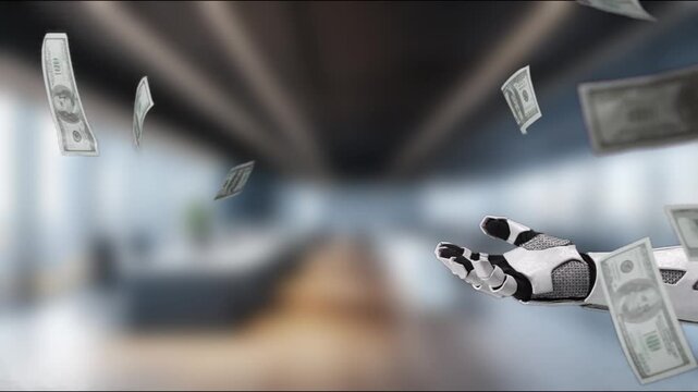 A futuristic robotic arm extends in a modern office space, with dollar bills floating around, representing the intersection of finance and advanced technology in today's world. MZL