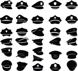 Black police hat icon set in flat style. Police officer uniform item with badge. Realistic policeman uniform headgear vector from law and justice for mobile app isolated on transparent background.