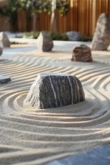 A tranquil Zen garden featuring smooth raked sand and balanced stone formations.