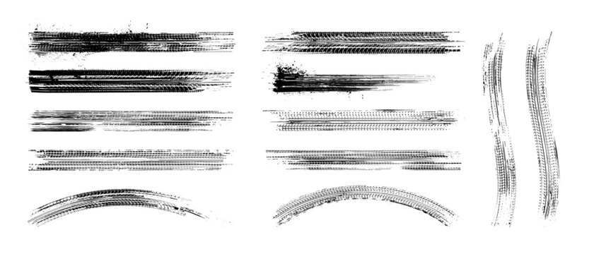 Tire tread patterns, wheel tracks, skidding, braking. Tire tracks - car racing, motocross, drag racing, rally, drift, off-road. Vector monochrome splashes grunge texture. Vector set of wheel treads