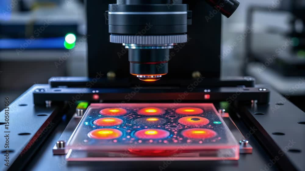 Poster a high-tech microscope captures vibrant, illuminated samples on a glass slide, showcasing intricate 