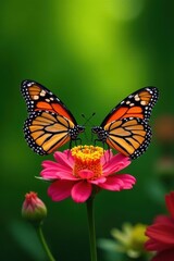 Fototapeta premium Pair of monarchs nectaring on bright bloom, lush green background, outdoor, insects