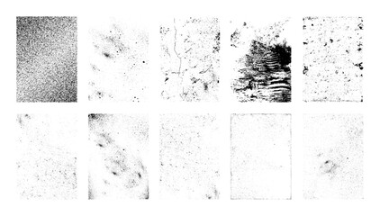Different types Overlay Textures. Wall, dust, grainy, vintage. Grunge stamps with high particle detail. Overlay texture surface - photocopy, old wall, letterpress effect, urban grunge. Vector set