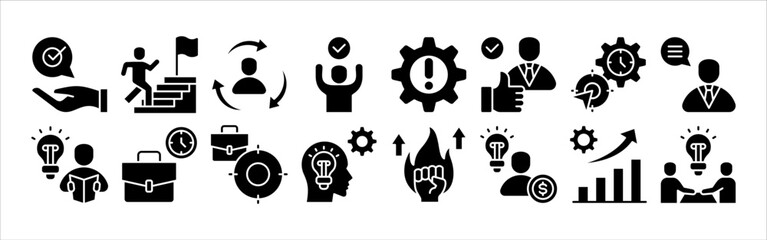 Mentoring icon collection set. Containing Working Time, Focus, Knowledge, Motivation, Entrepreneurs, Growing and Mentoring.