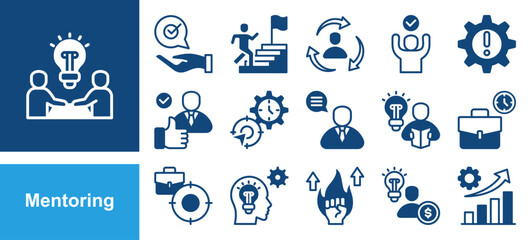 Fototapeta premium Mentoring icon collection set. Containing Working Time, Focus, Knowledge, Motivation, Entrepreneurs, Growing and Mentoring.