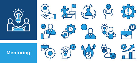 Mentoring icon collection set. Containing Working Time, Focus, Knowledge, Motivation, Entrepreneurs, Growing and Mentoring.