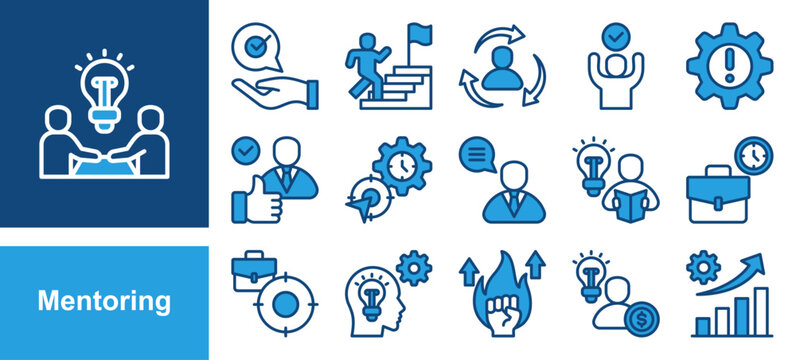 Mentoring icon collection set. Containing Working Time, Focus, Knowledge, Motivation, Entrepreneurs, Growing and Mentoring.