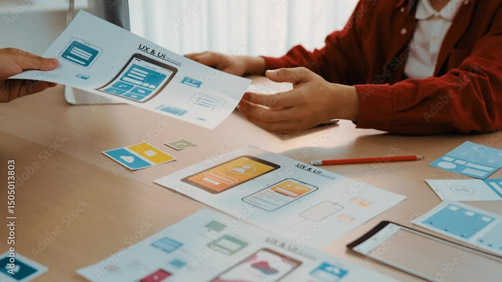 Poster excellent startup company employee presenting user interface prototype for mobile application to sma