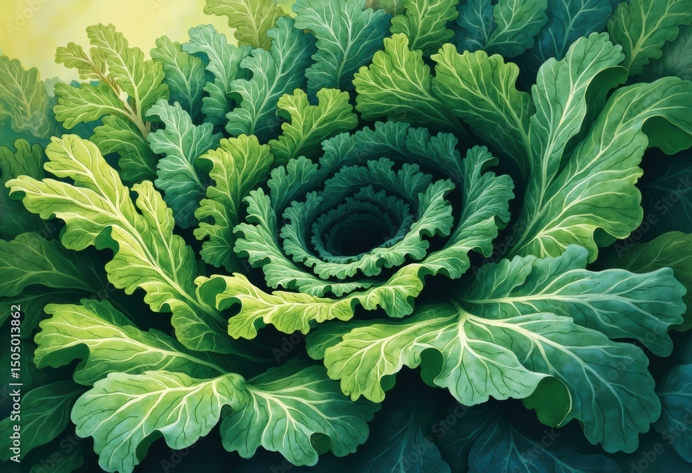 Poster kale leaves swirling into an abstract green vortex, creating a mesmerizing visual