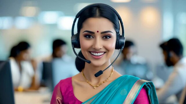 Smiling Indian Woman in Call Center Wearing Headset Indoors