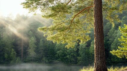 Fototapeta premium Lush forest with misty lake at dawn, sunlight filtering through trees creates serene atmosphere