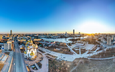 Early spring or autumn Yekaterinburg and Temple on Blood in clear sunset. Aerial view of...