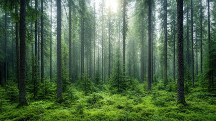 Fototapeta premium Lush green forest with tall trees and soft sunlight filtering through misty atmosphere